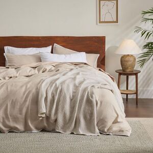 Waffle Weave 100% Cotton Solid Queen Blanket Beige Soft All Season